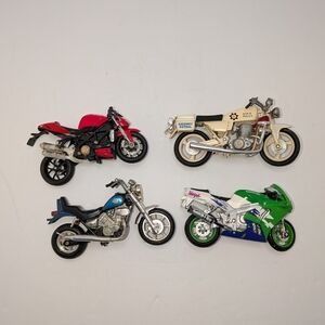 4 Vintage Toy Motorcycles Die Cast, 5 Inches Long x 2.5-3 Inches Tall